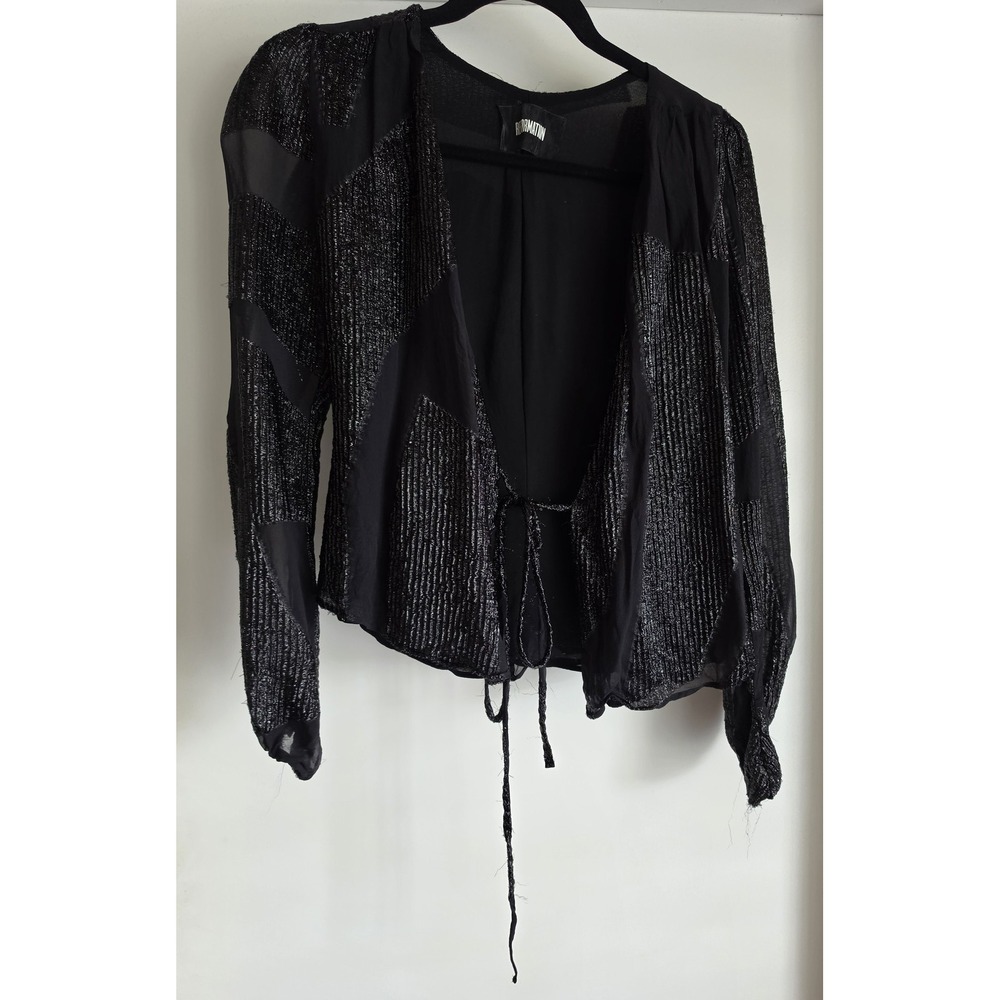 Reformation Women Long Sleeve Wrap Top Black Silver Blouse Shirt